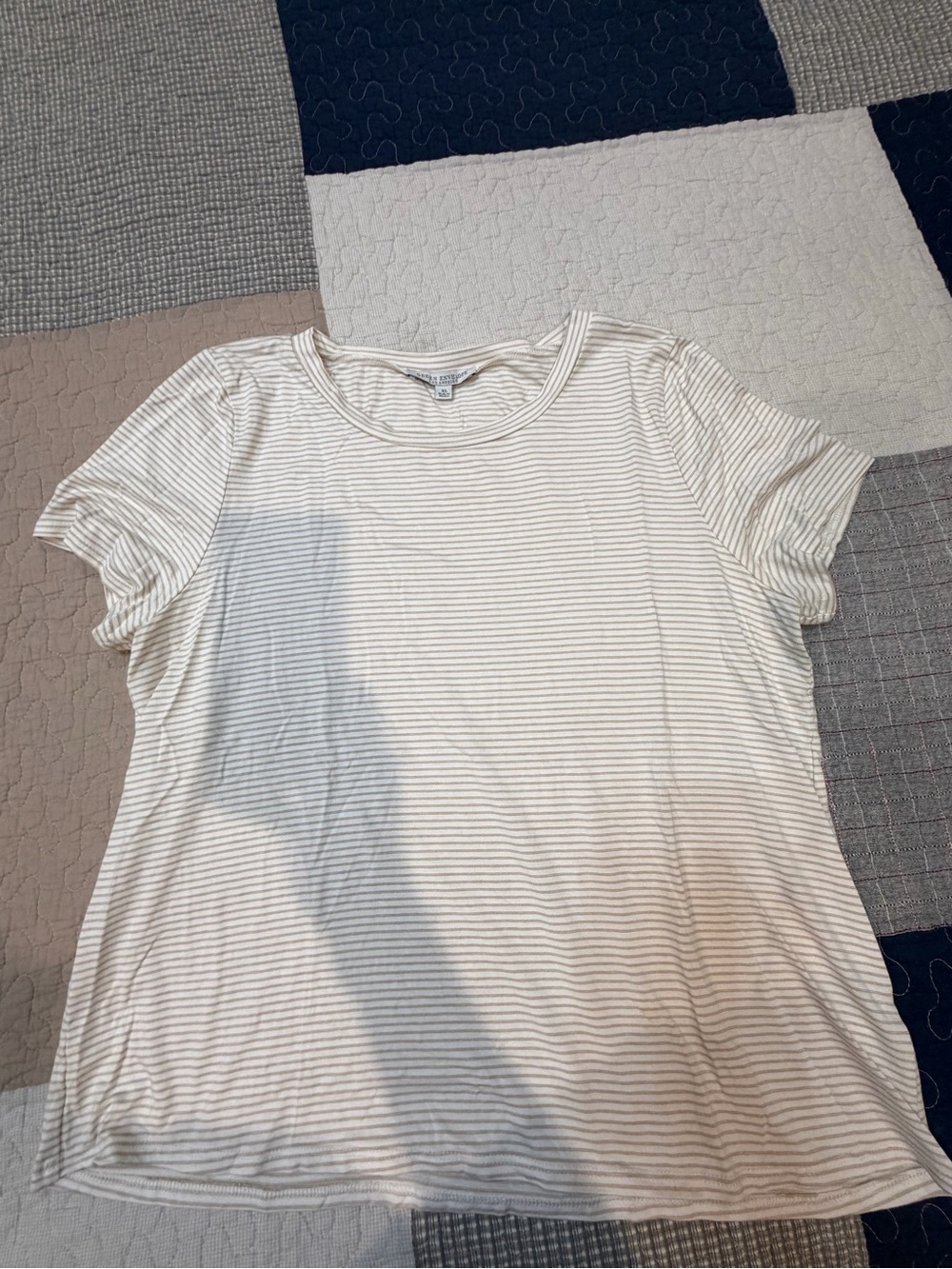 Green Envelope Cream Tee with Thin Tan Stripes